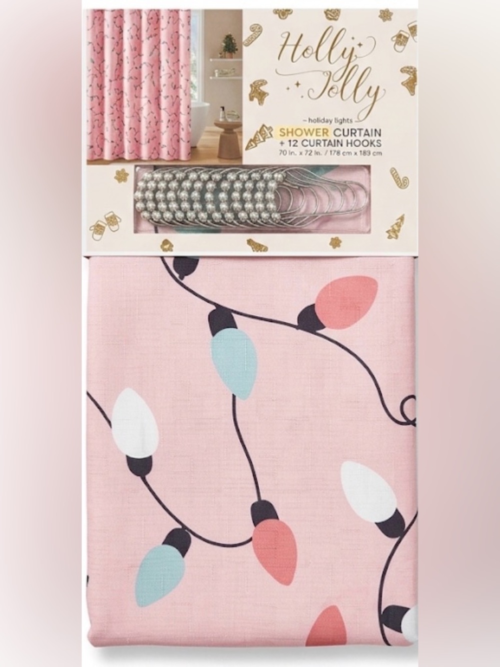 NWT Pink Holiday String Lights Shower Curtain with Hooks